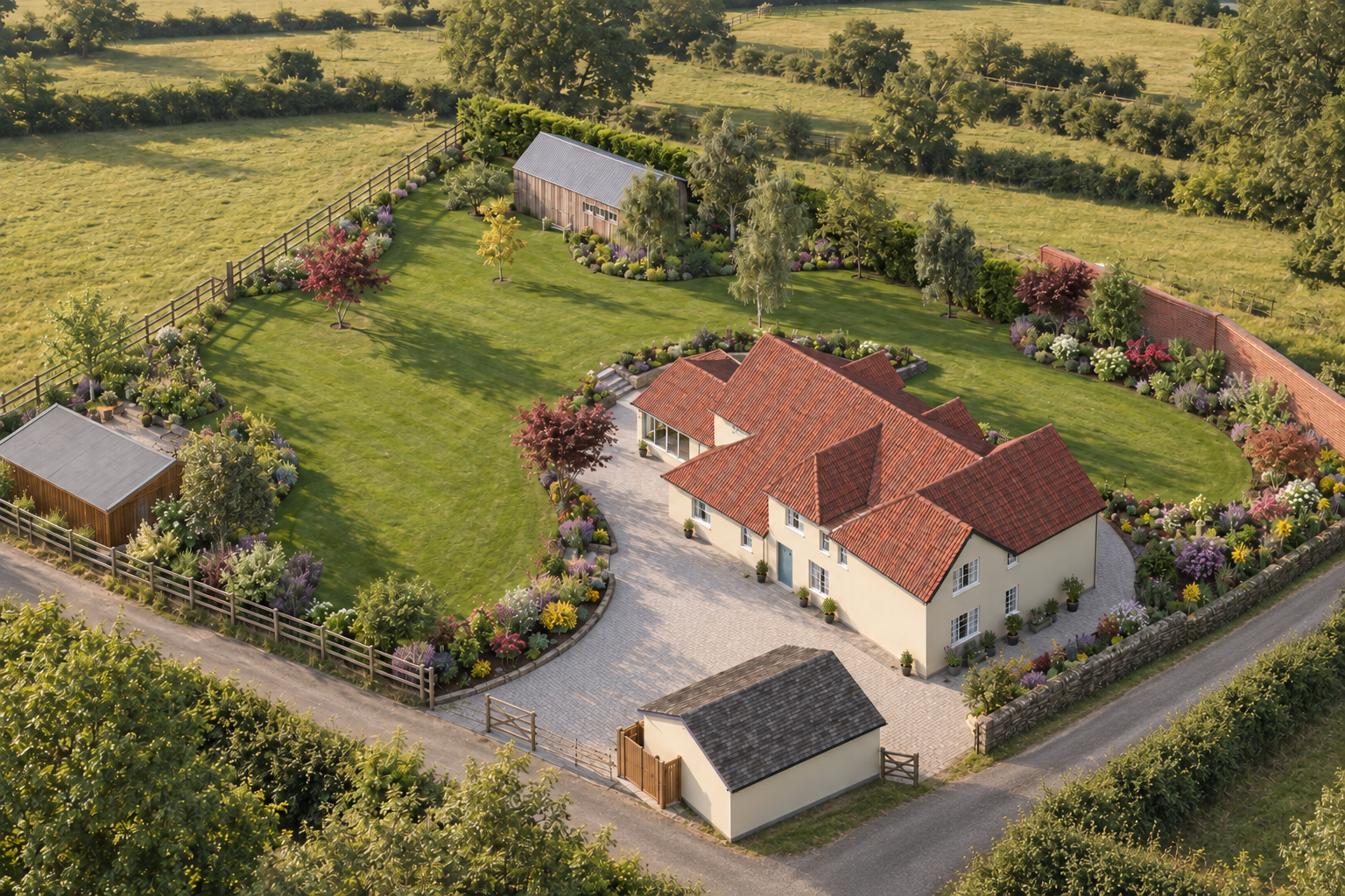 Country garden — final design. A photorealistic AI visualisation based on the final garden design, showing the house, garage, country road and planting.