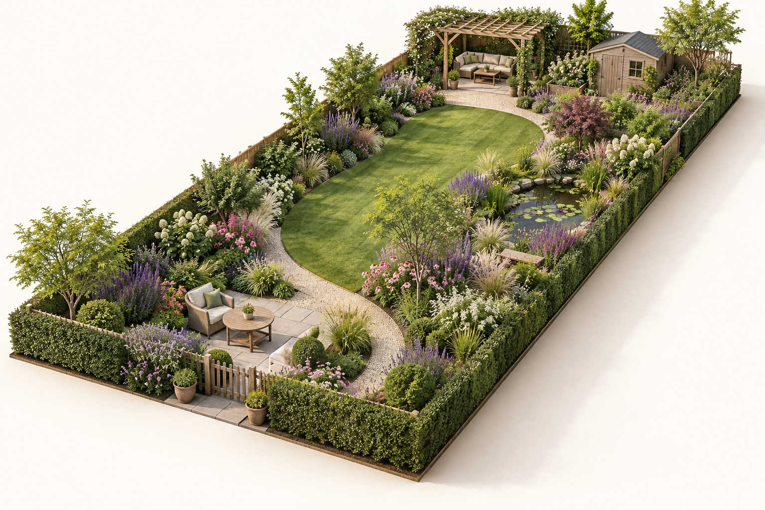 Garden in perspective. An illustrative AI visualisation based on a 2D garden plan, with curving paths, a pond and places to sit.