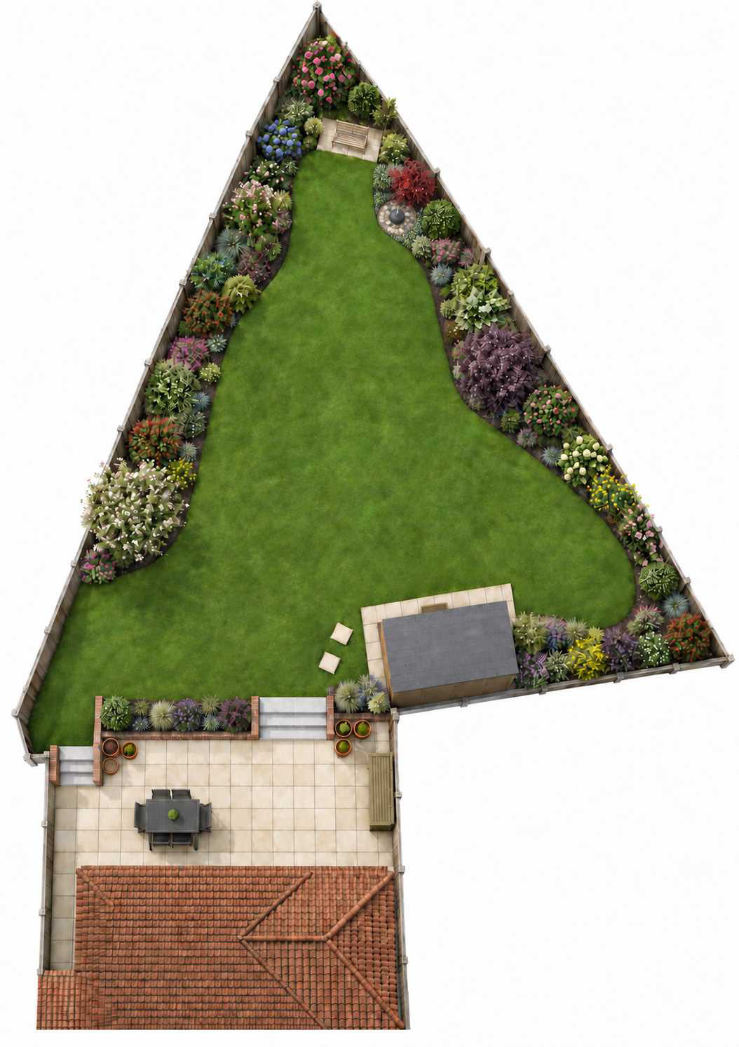 Terraced garden — 3D plan view. An overhead visualisation showing the garden’s layout, planting, lawn and seating areas.